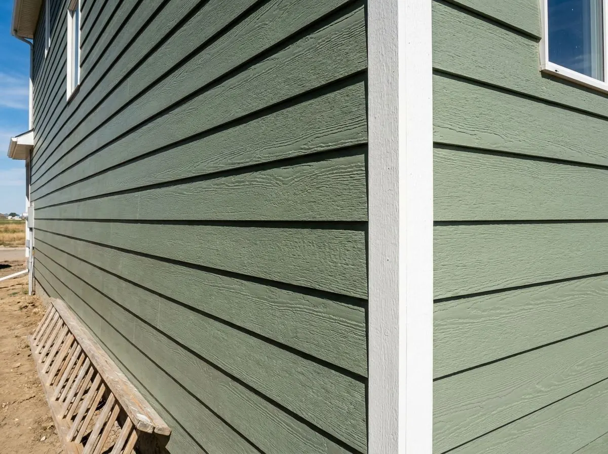 Close view of painted sage green engineered wood lap siding with a deep cedar-like grain and a white corner trim board.