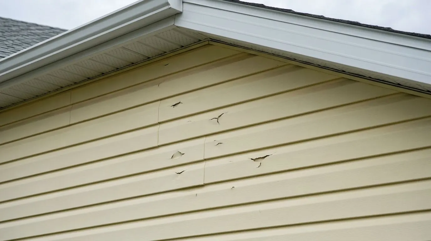 The side wall of a house in pale yellow vinyl lap siding with scattered small holes and cracks from hail on individual boards.