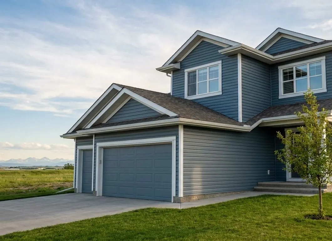 A two-storey home with new slate blue lap siding and white trim in warm evening light, with a tidy front lawn.