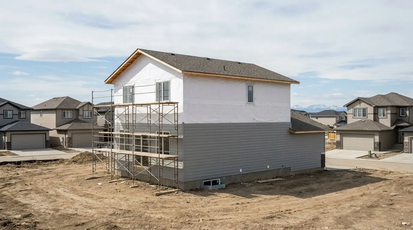 A new two-storey house under construction with house wrap on the upper floor and new lap siding on the lower floor.