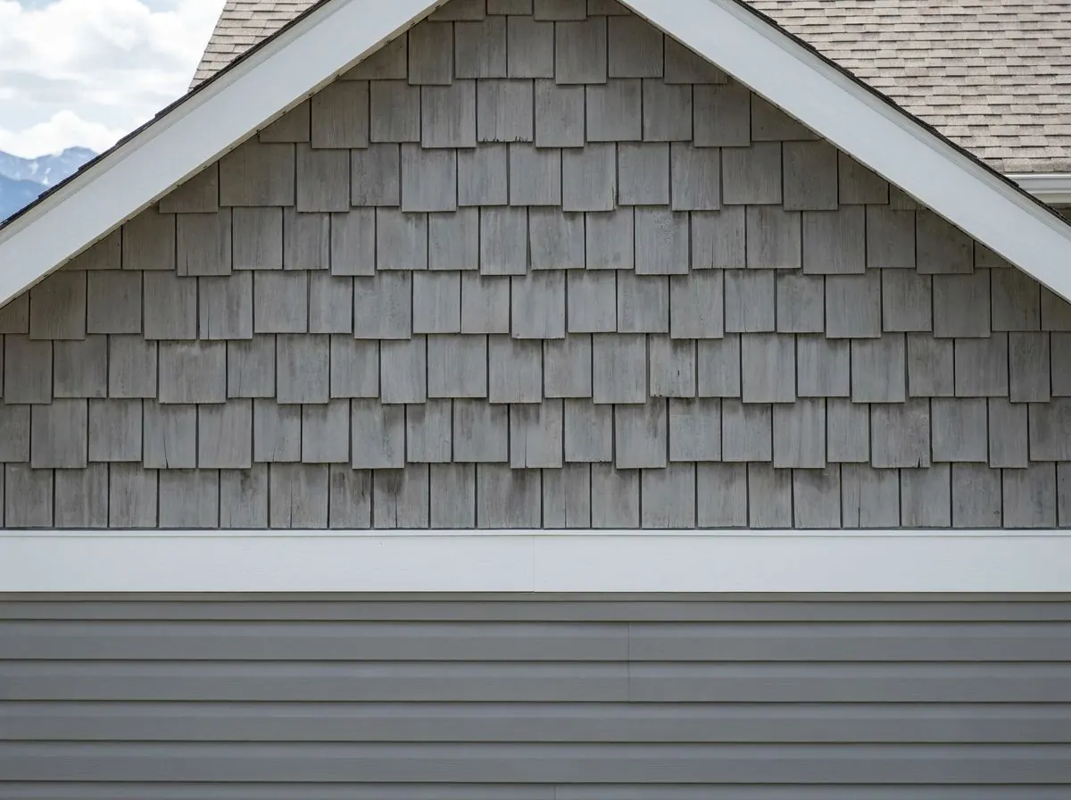 A house gable finished in grey staggered-edge shingle siding above a band of white trim and horizontal lap siding.
