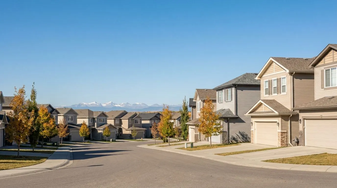 A curving residential street of two-storey homes in vinyl siding with front garages, with the Rocky Mountains faint on the horizon.