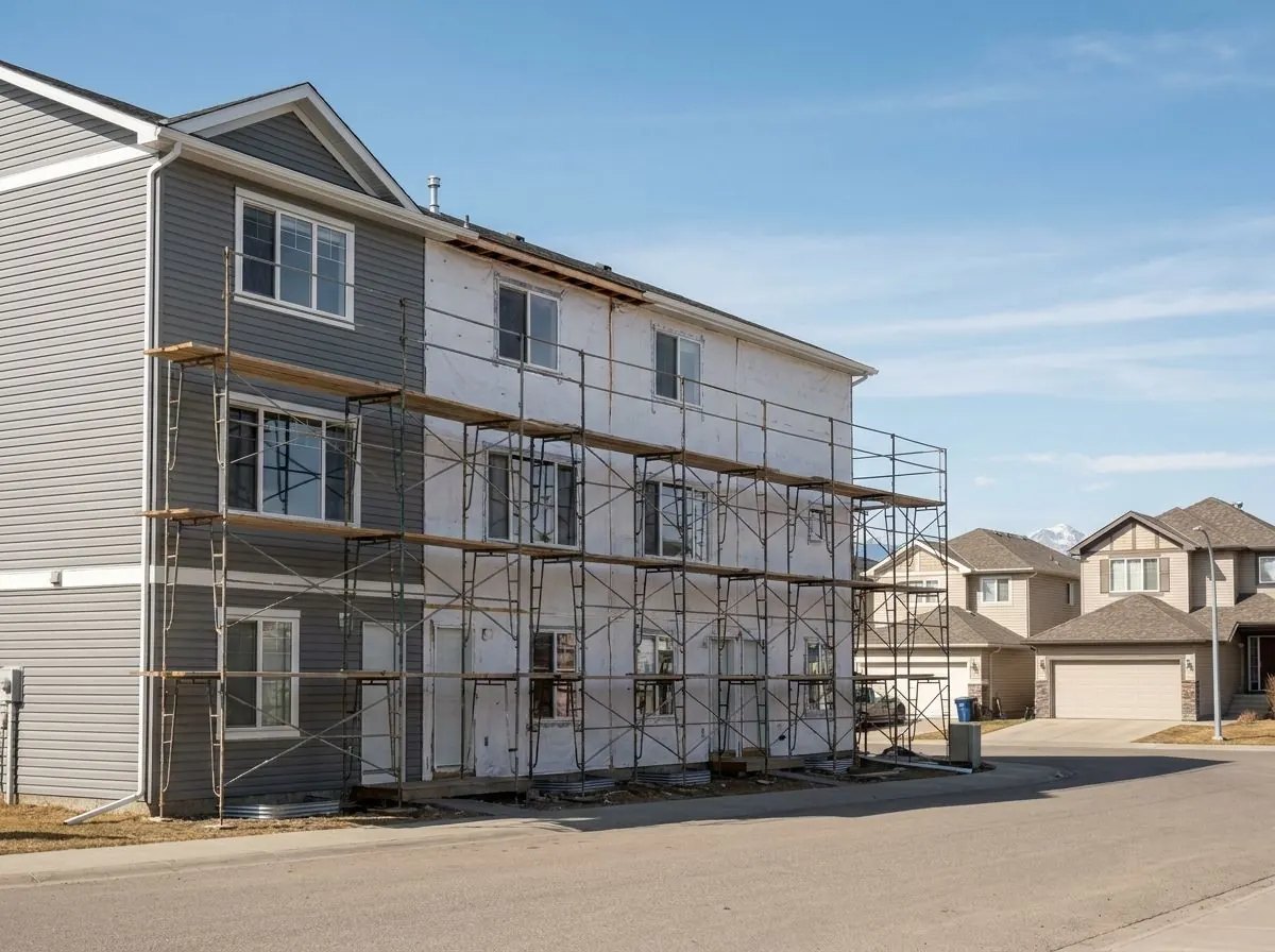 A three-storey townhouse block under re-cladding, with scaffolding along the front, one end finished in new grey lap siding and the rest in house wrap.