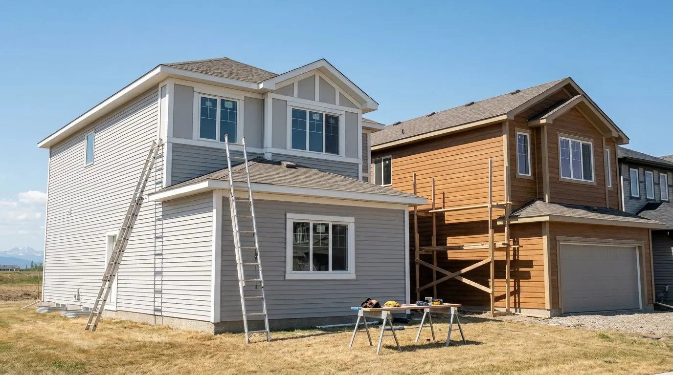 Neighbouring suburban homes, one in pale grey vinyl lap siding and one in warm brown wood-grain lap siding.