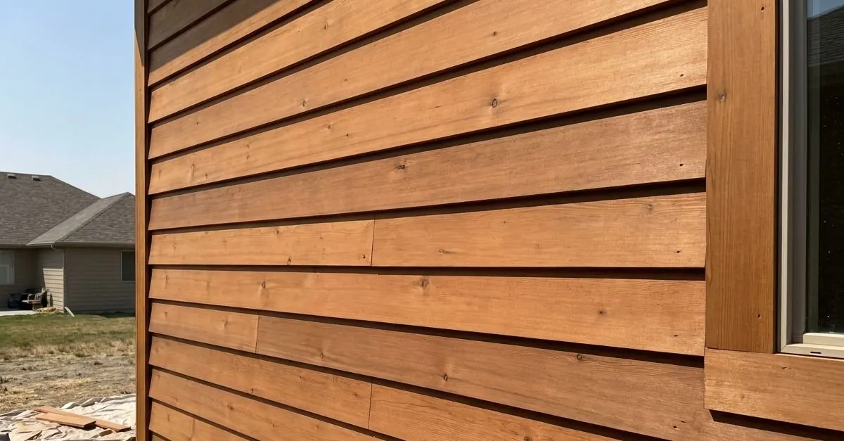 Close view of warm reddish-brown stained cedar bevel siding with visible natural grain and knots.